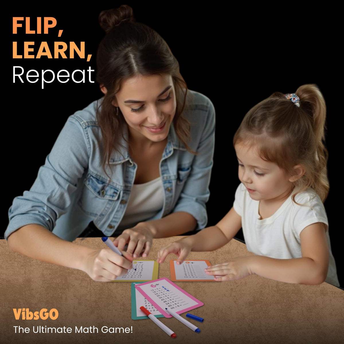 VibsGo Math Flash Cards for Kids (Grades 1-3) - Addition, Subtraction, Multiplication & Division | 4-Pack with Rings & Markers