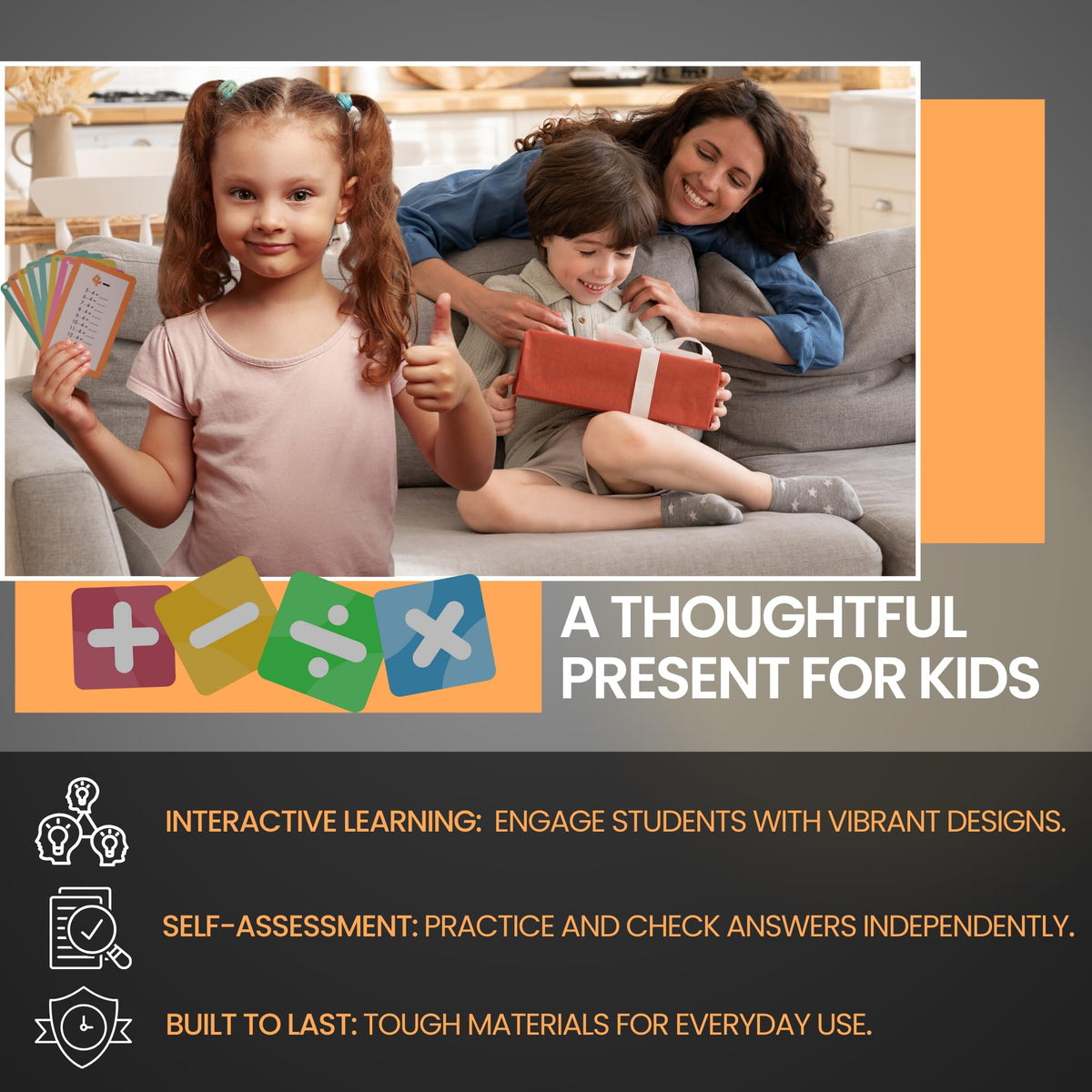 VibsGo Math Flash Cards for Kids (Grades 1-3) - Addition, Subtraction, Multiplication & Division | 4-Pack with Rings & Markers