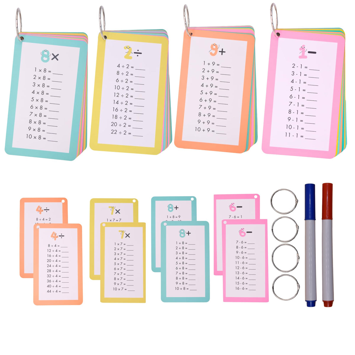 VibsGo Math Flash Cards for Kids (Grades 1-3) - Addition, Subtraction, Multiplication & Division | 4-Pack with Rings & Markers