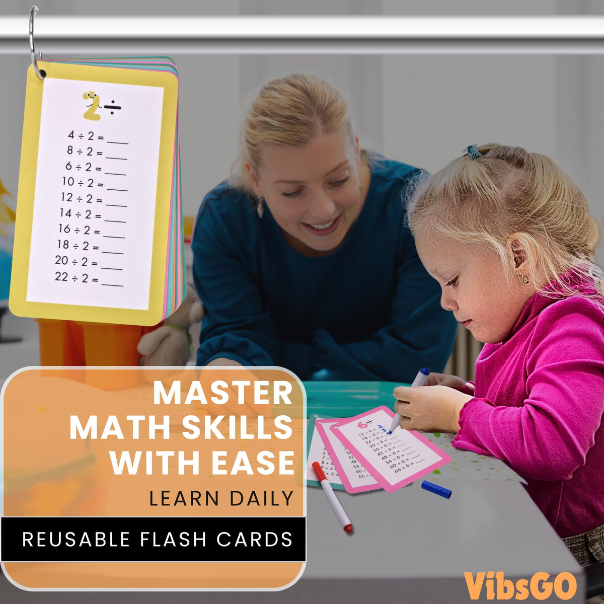 VibsGo Math Flash Cards for Kids (Grades 1-3) - Addition, Subtraction, Multiplication & Division | 4-Pack with Rings & Markers