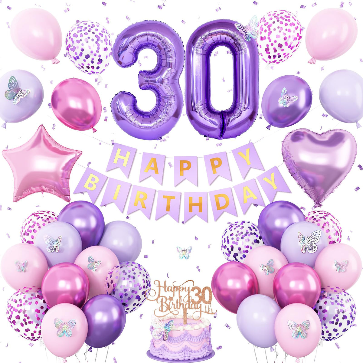 Vibzox 30th Birthday Decorations for Her - Pink & Purple Butterfly Party Kit