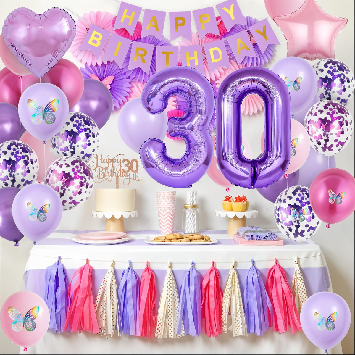 Vibzox 30th Birthday Decorations for Her - Pink & Purple Butterfly Party Kit