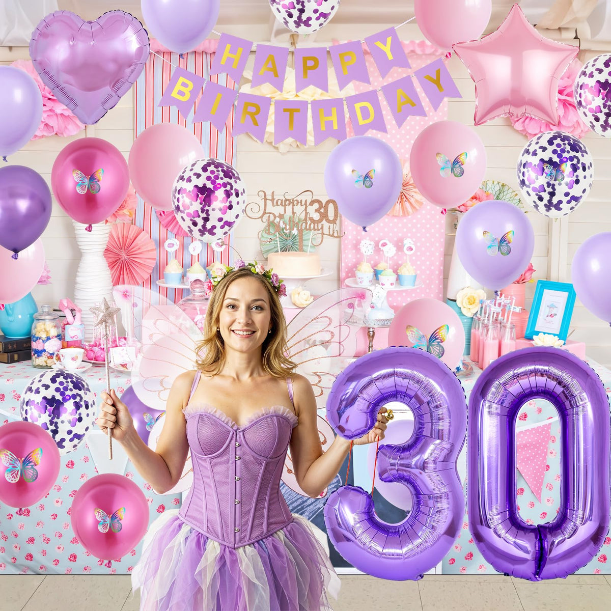 Vibzox 30th Birthday Decorations for Her - Pink & Purple Butterfly Party Kit