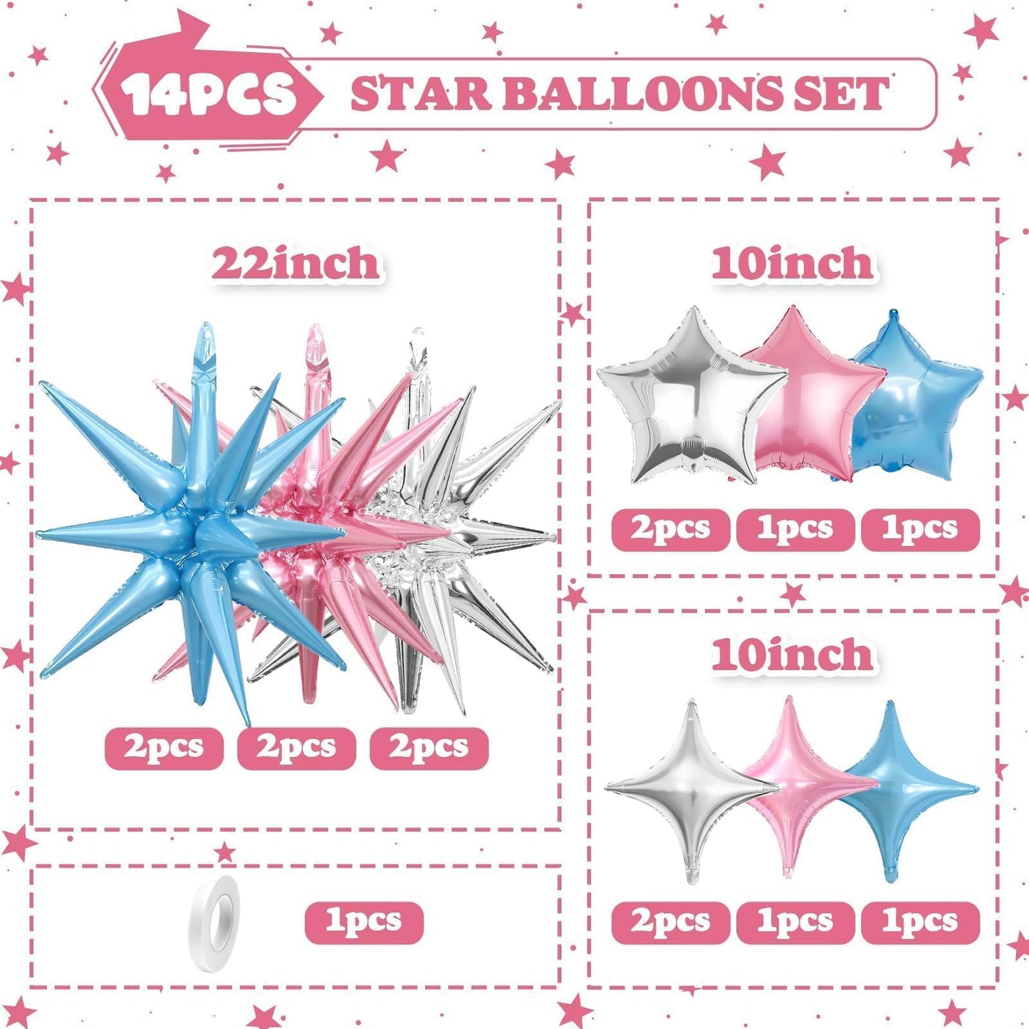 Vibzox 14pcs Pink Blue Silver Star Foil Balloons – 22in Explosion Stars + 10in Star Balloons for Birthday & Party Decor