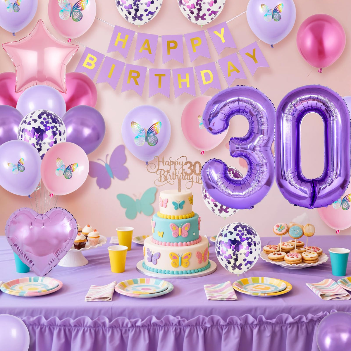 Vibzox 30th Birthday Decorations for Her - Pink & Purple Butterfly Party Kit