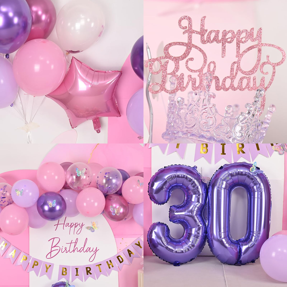 Vibzox 30th Birthday Decorations for Her - Pink & Purple Butterfly Party Kit