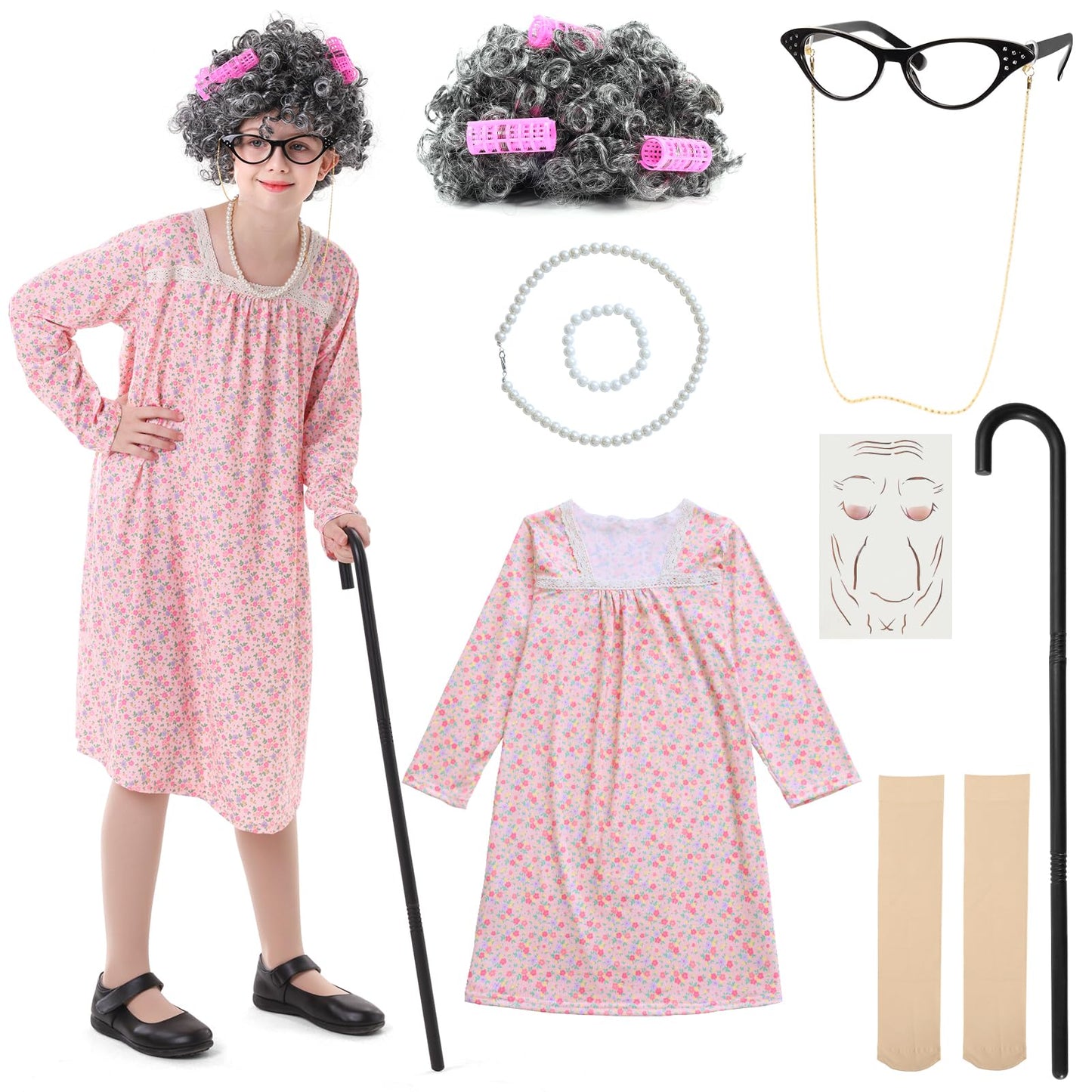 VICAMB 13-Piece 100 Days of School Old Lady Costume for Girls – Granny Dress & Accessories