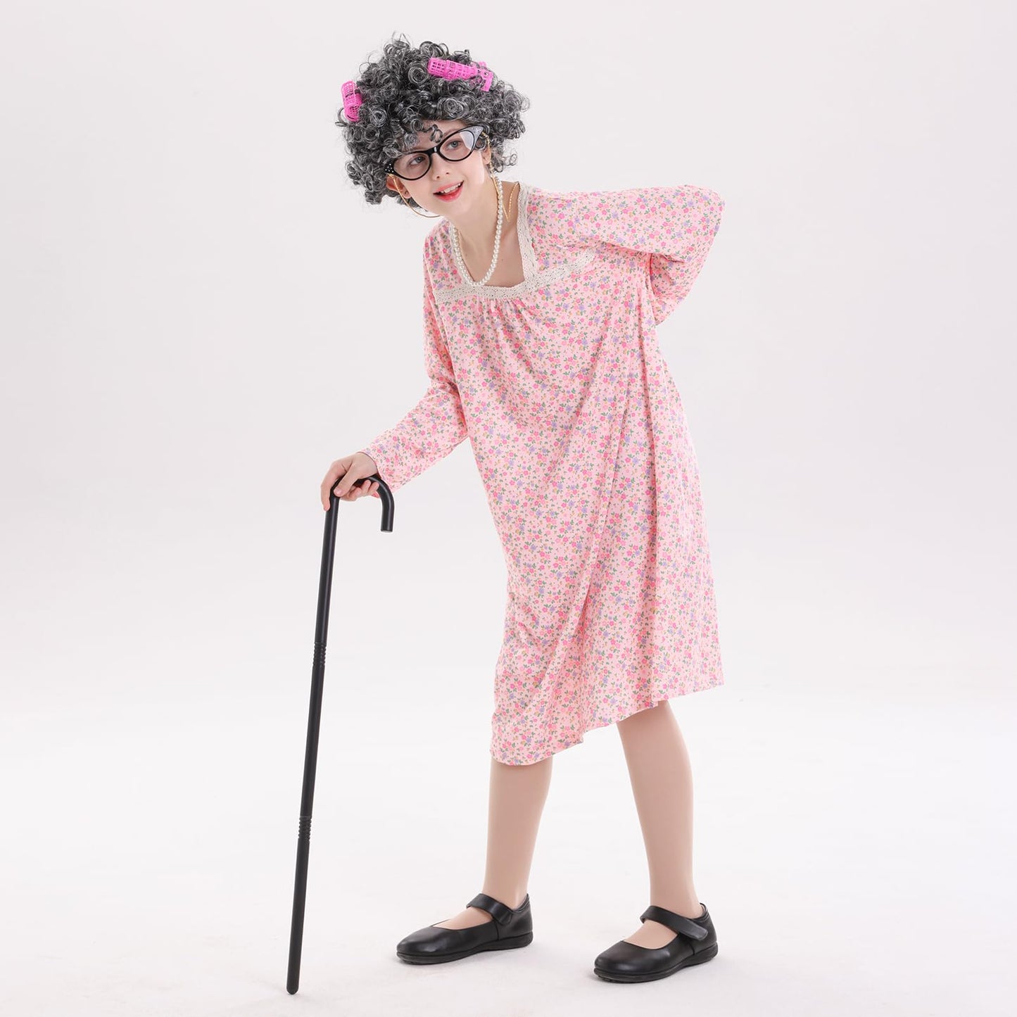VICAMB 13-Piece 100 Days of School Old Lady Costume for Girls – Granny Dress & Accessories