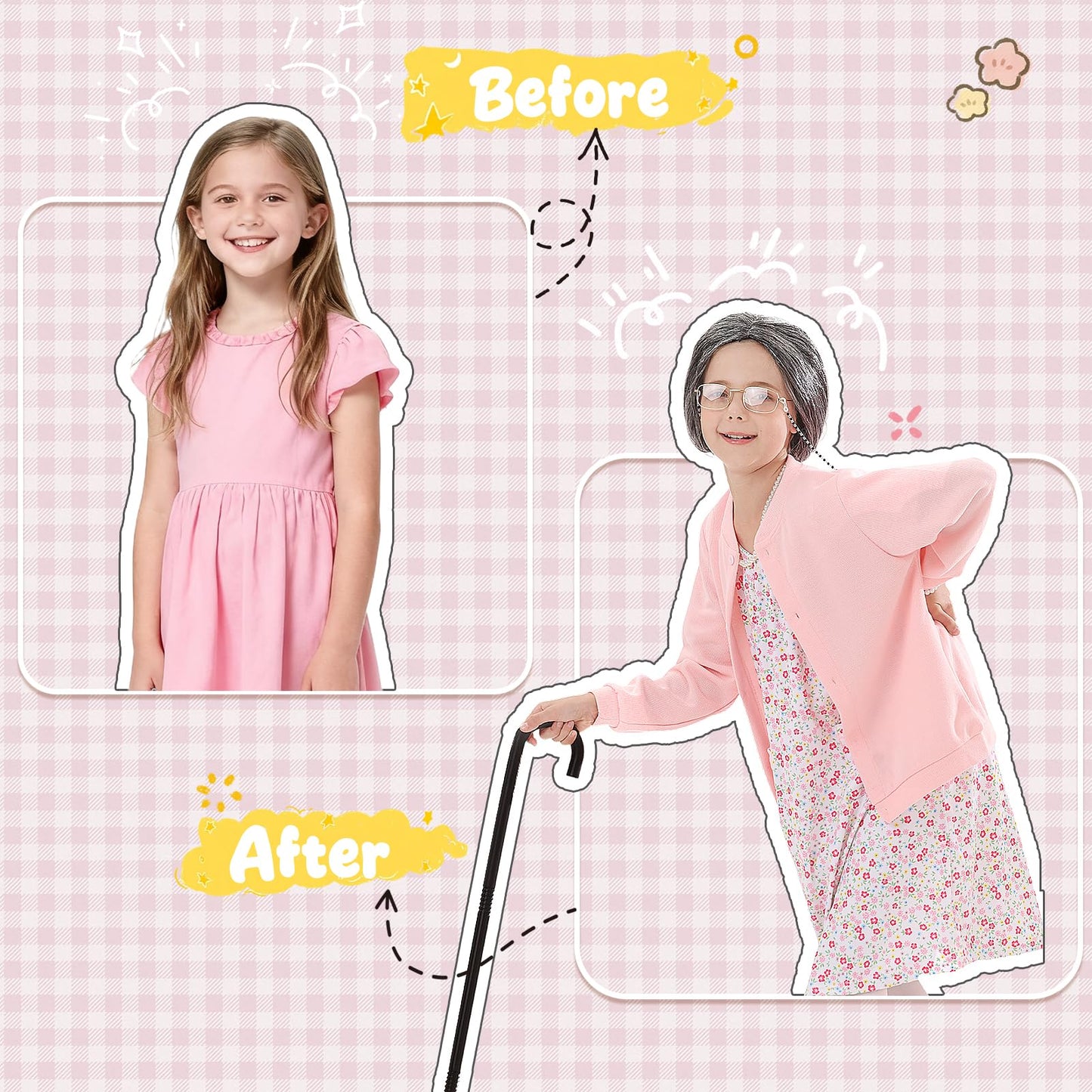 VICAMB 7-Piece Old Lady Costume for Girls | 100 Days of School Granny Outfit with Wig & Accessories