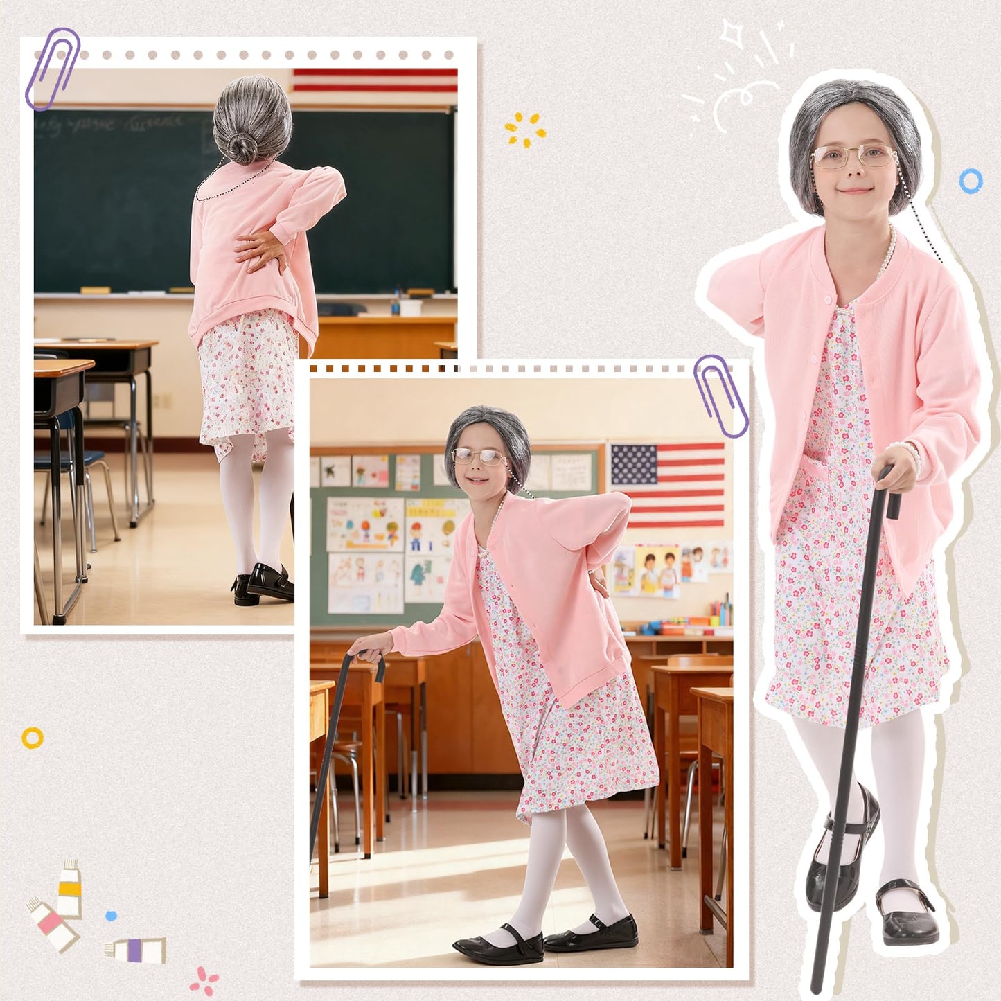 VICAMB Old Lady Costume for Kids – 100 Days of School Grandma Outfit Kit