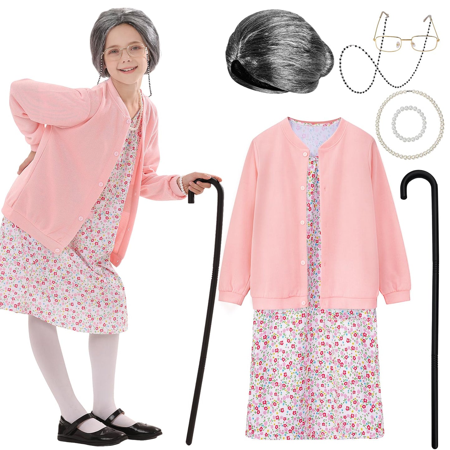 VICAMB Old Lady Costume for Kids – 100 Days of School Grandma Outfit Kit