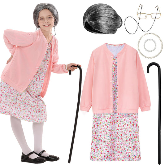 VICAMB Old Lady Costume for Kids – 100 Days of School Grandma Outfit Kit