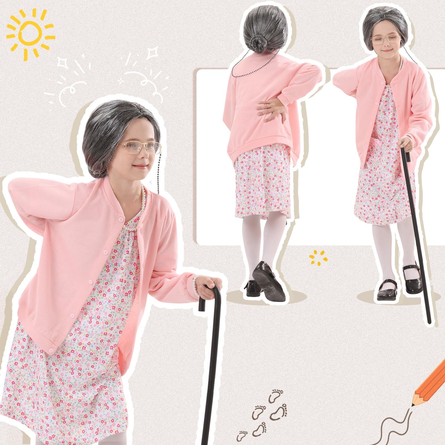 VICAMB Old Lady Costume for Kids – 100 Days of School Grandma Outfit Kit