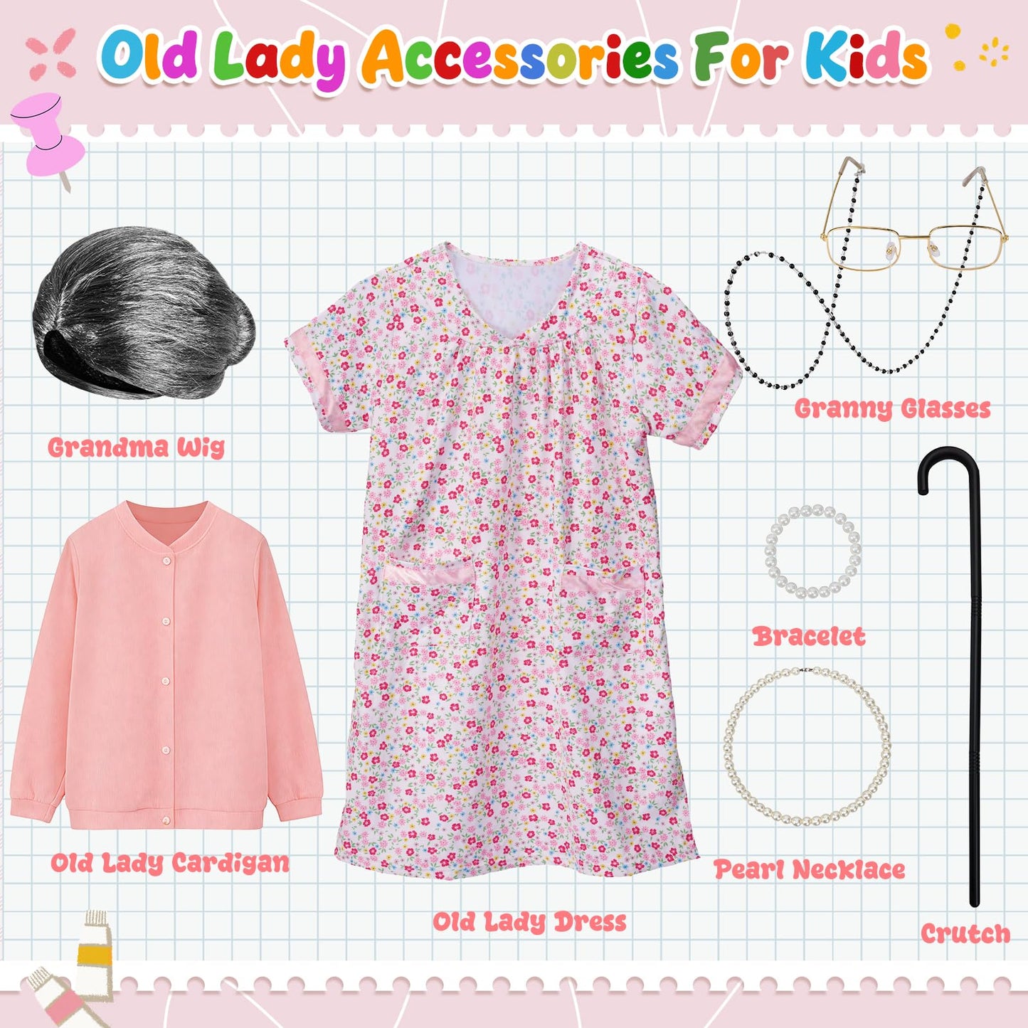 VICAMB Old Lady Costume for Kids – 100 Days of School Grandma Outfit Kit