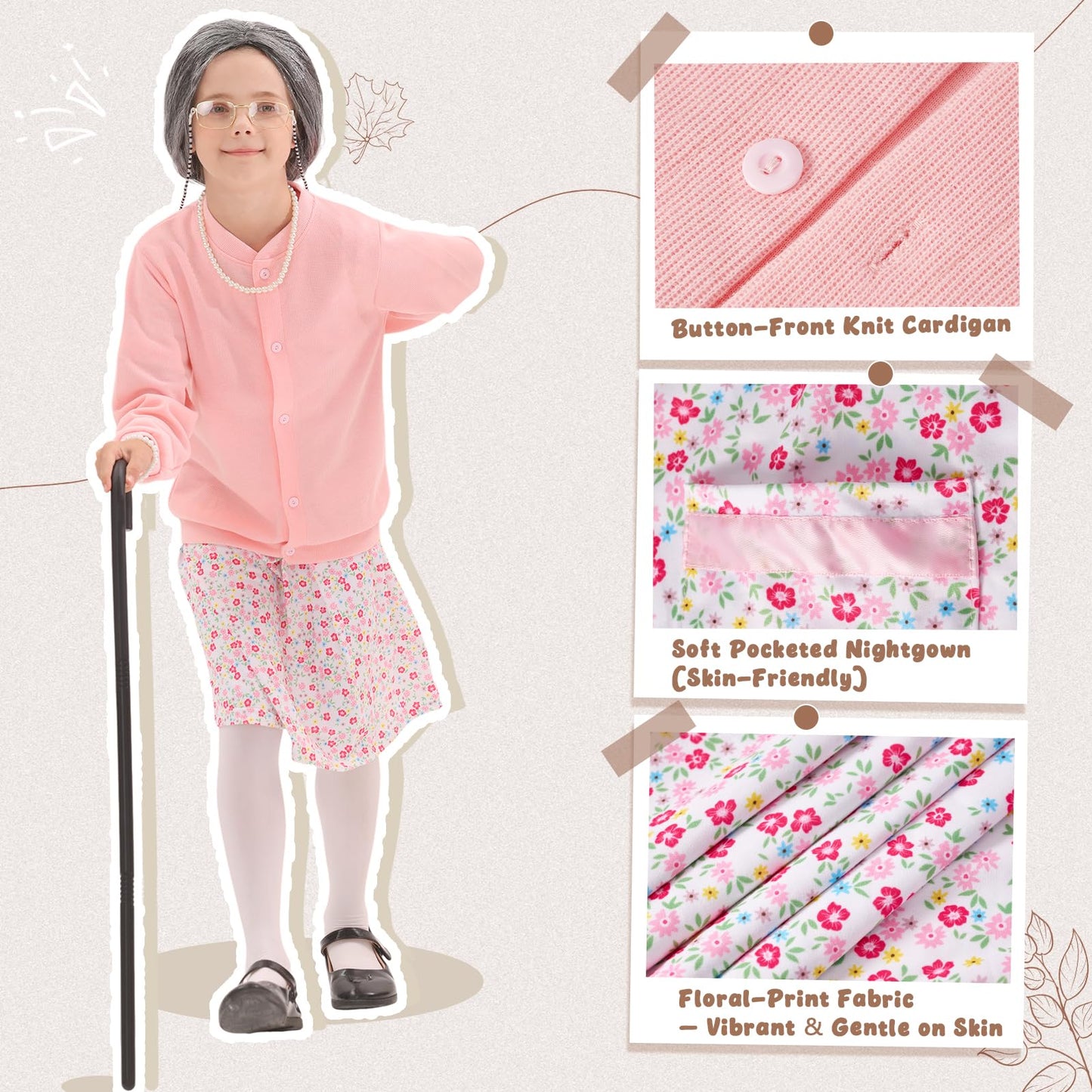 VICAMB Old Lady Costume for Kids – 100 Days of School Grandma Outfit Kit
