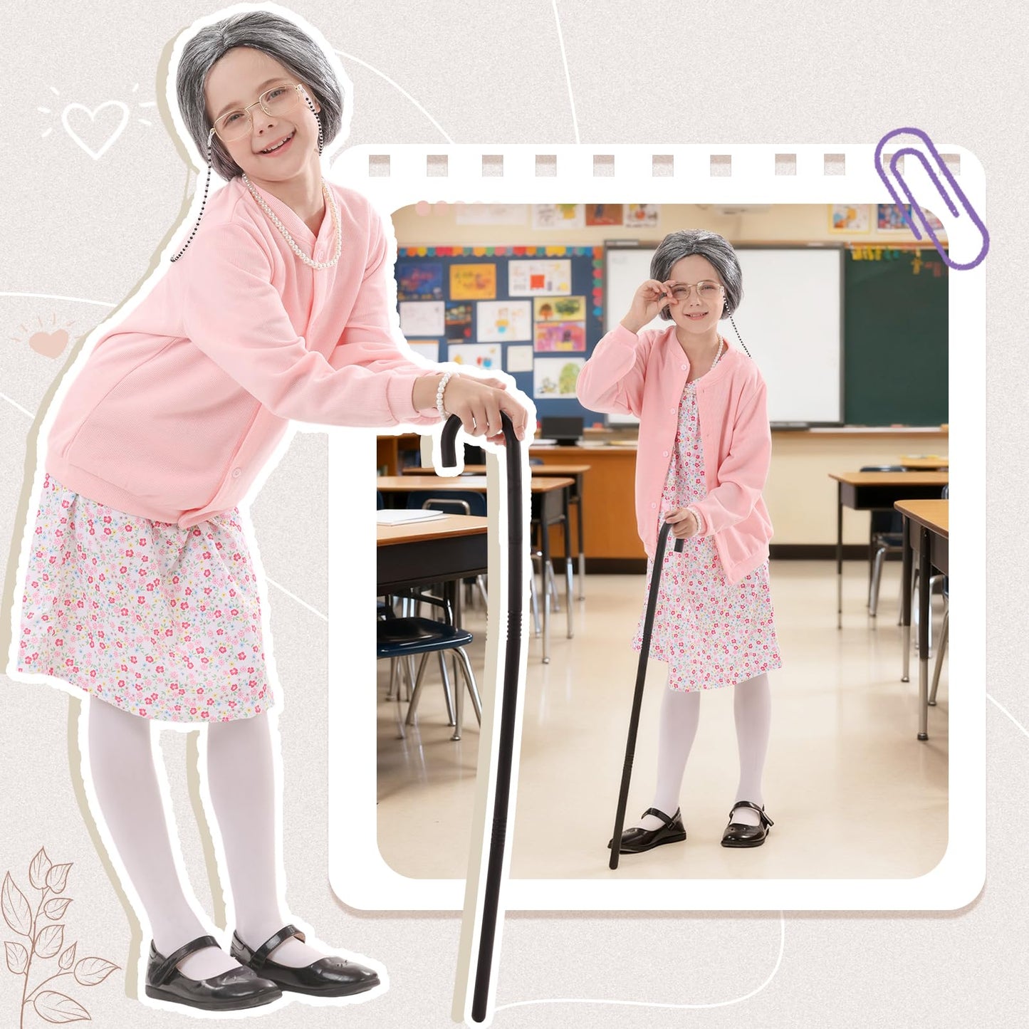 VICAMB Old Lady Costume for Kids – 100 Days of School Grandma Outfit Kit