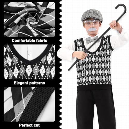 VICAMB Old Man Costume for Kids – 100th Day of School Outfit with Hat, Glasses & Accessories
