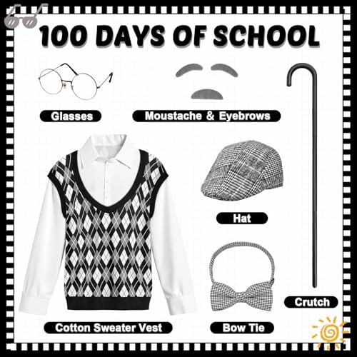 VICAMB Old Man Costume for Kids – 100th Day of School Outfit with Hat, Glasses & Accessories