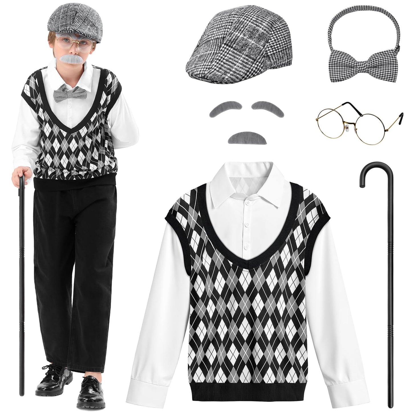 VICAMB Old Man Costume for Kids – 100th Day of School Outfit with Hat, Glasses & Accessories
