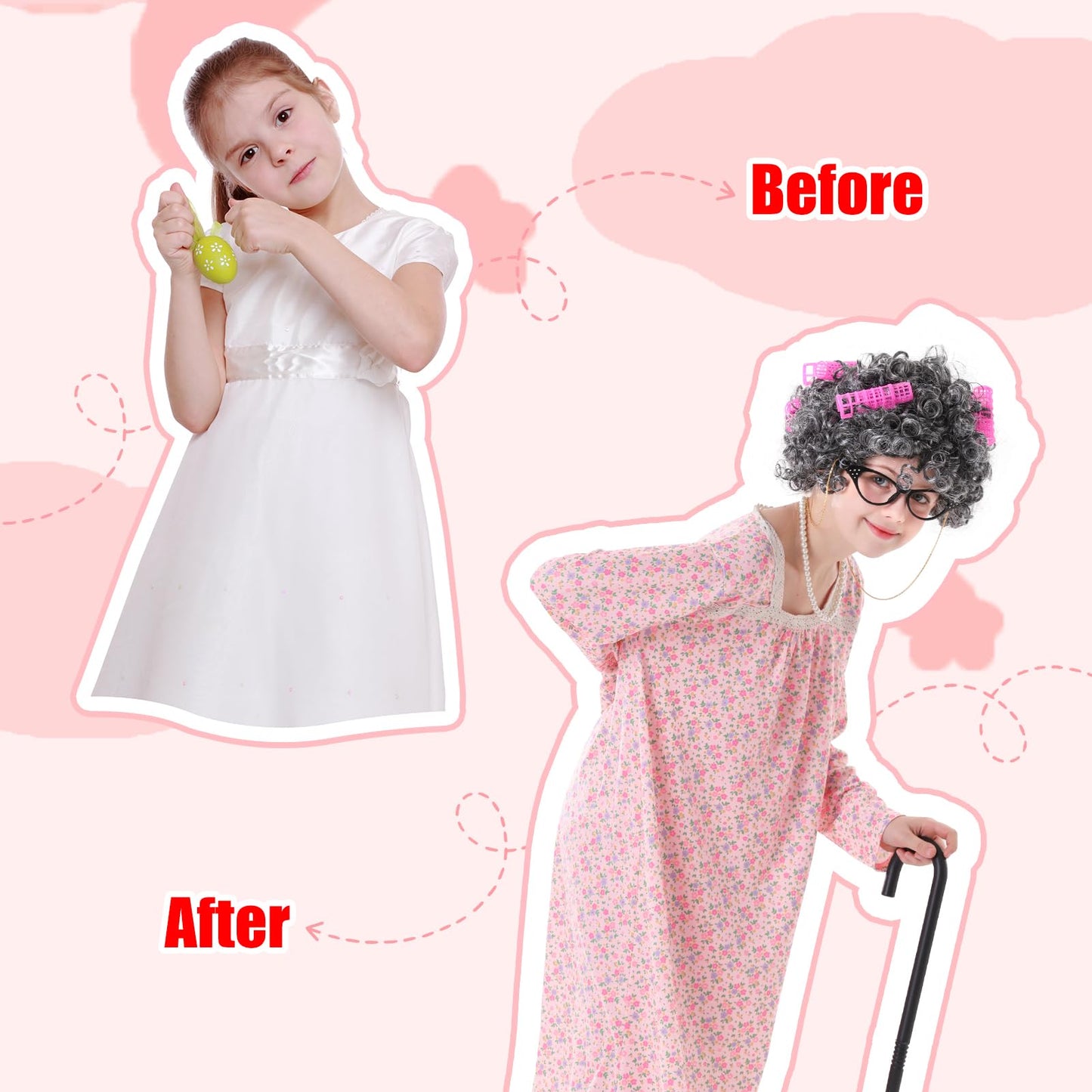 VICAMB 13-Piece 100 Days of School Old Lady Costume for Girls – Granny Dress & Accessories