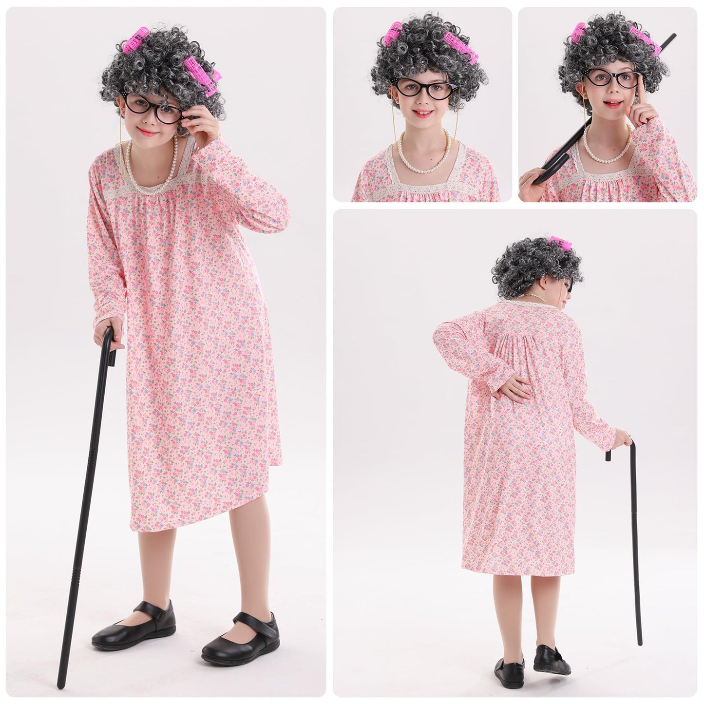 VICAMB 13-Piece 100 Days of School Old Lady Costume for Girls – Granny Dress & Accessories