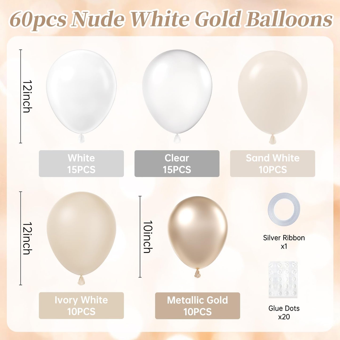 Vicduotex 60pcs 12" Beige White Gold Balloons Set — Wedding, Bridal Shower & Party Decor