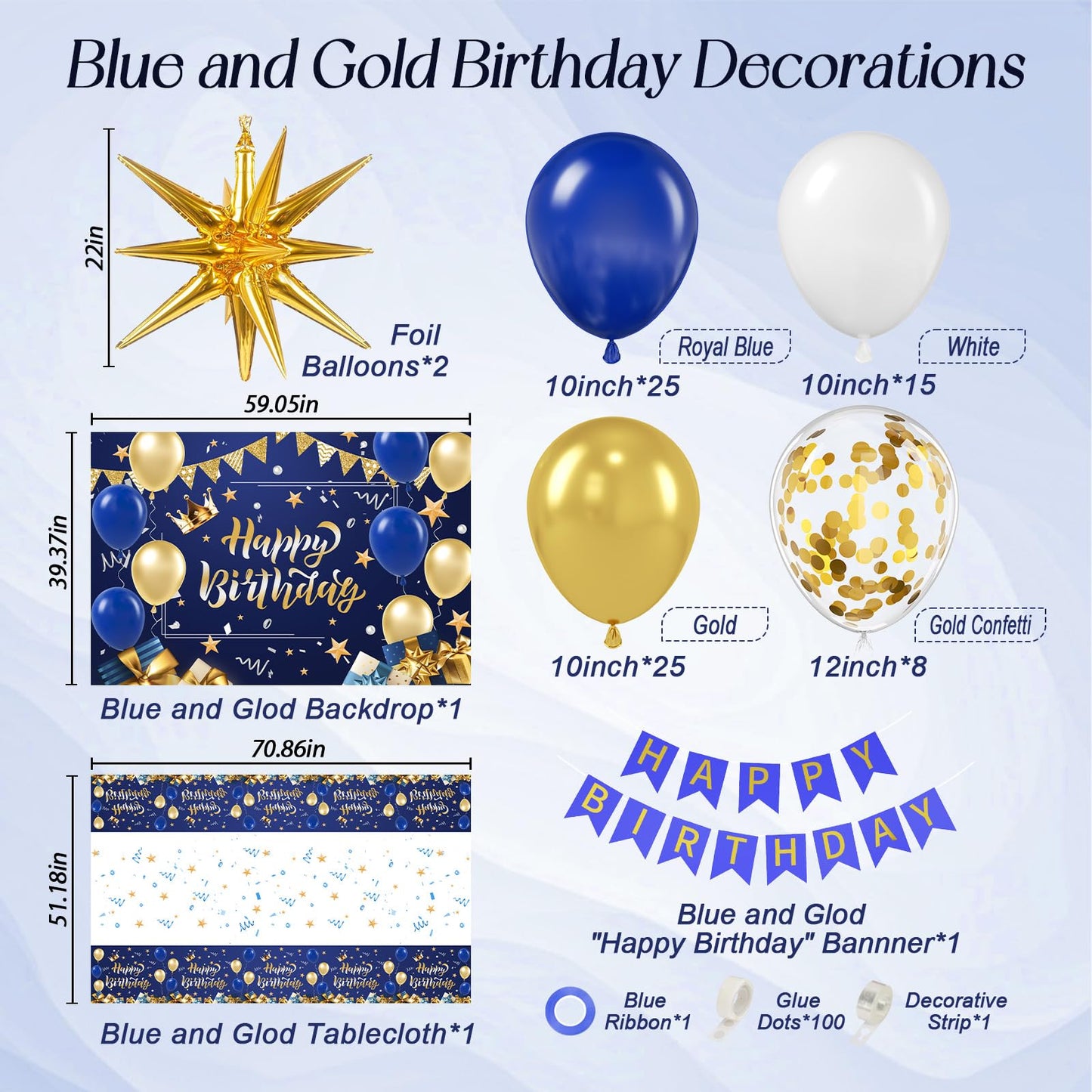 Vicduotex Blue & Gold Birthday Decorations Kit – Balloons, Banner, Backdrop