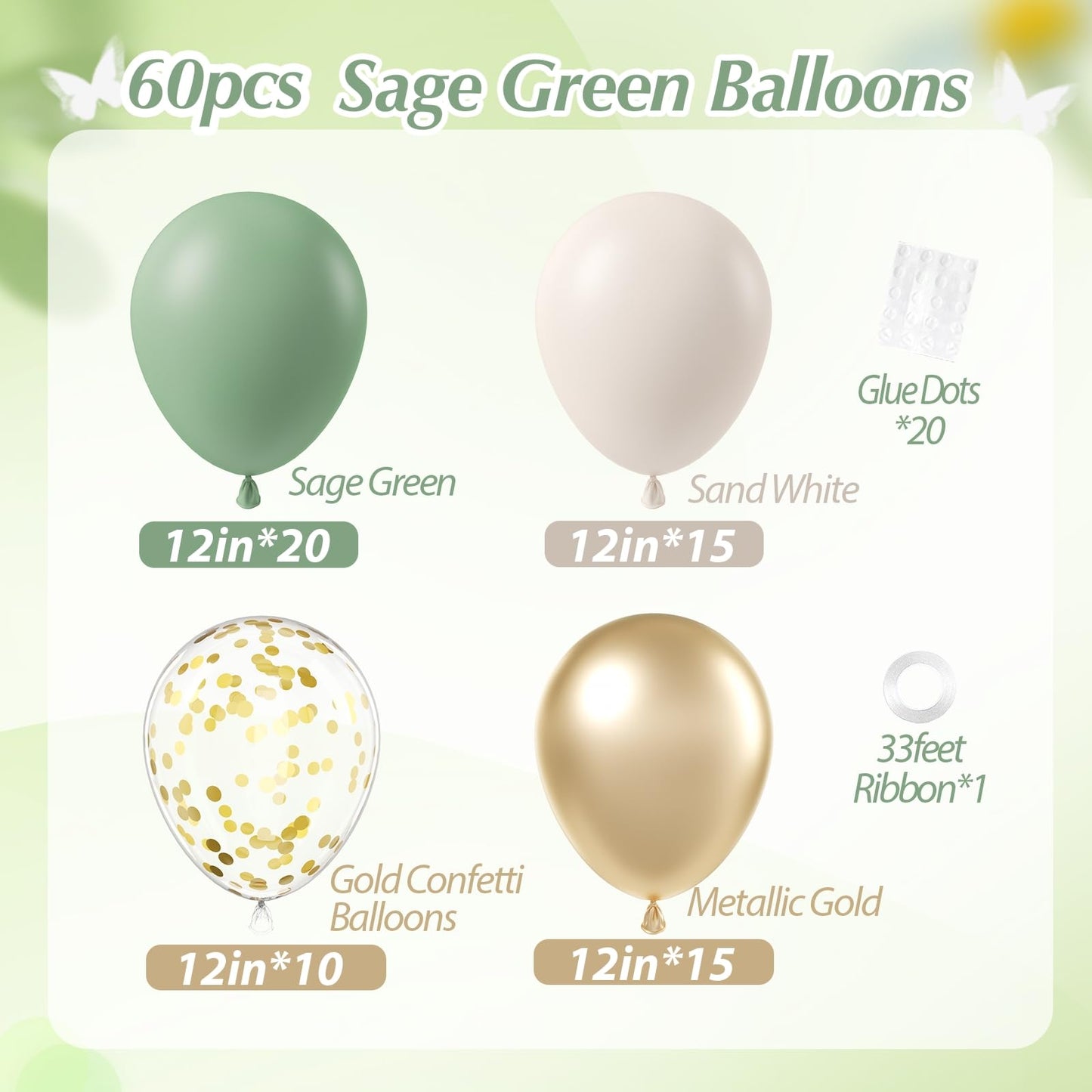 Vicduotex Sage Green & Gold Confetti Balloons Kit – 60pcs 12-inch for Boho Weddings & Parties