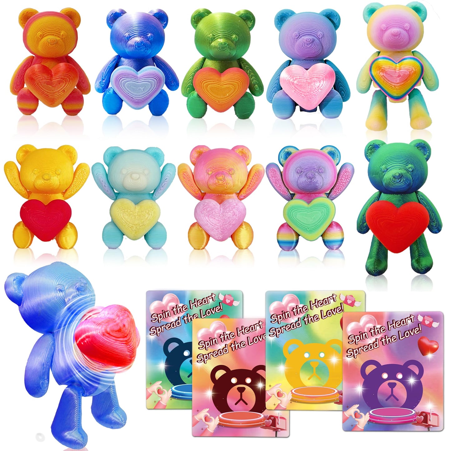 Vicentorra 24-Pack Valentines Day Gifts for Kids — 3D Printed Bear Fidgets with Spinning Hearts & Cards