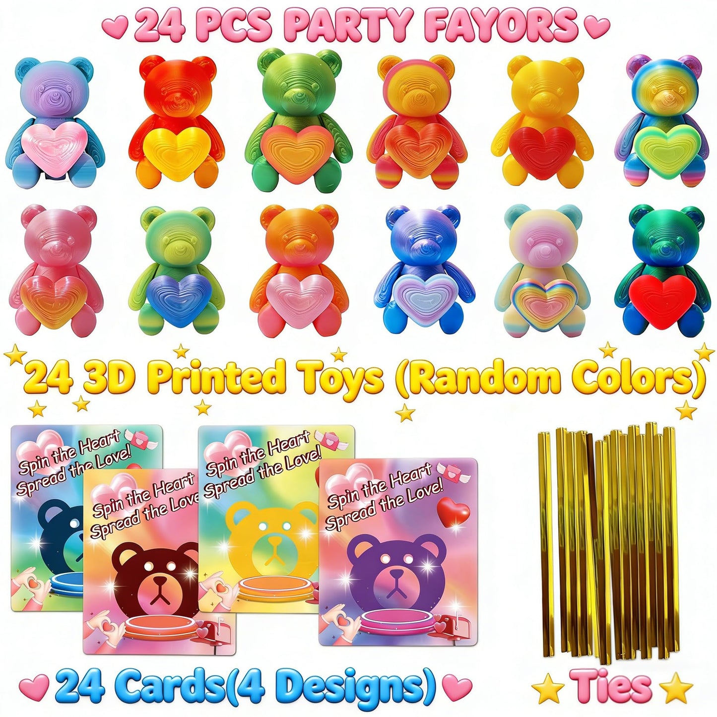 Vicentorra 24-Pack Valentines Day Gifts for Kids — 3D Printed Bear Fidgets with Spinning Hearts & Cards