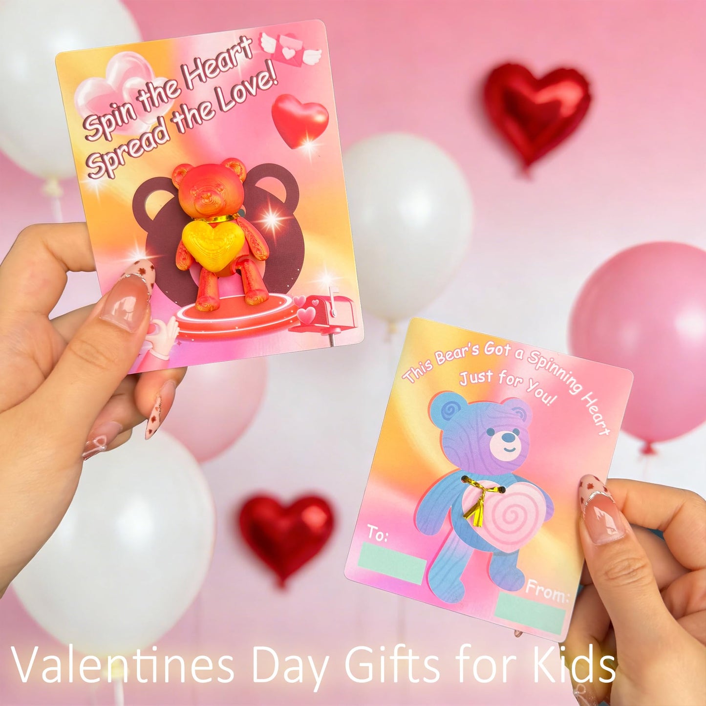 Vicentorra 24-Pack Valentines Day Gifts for Kids — 3D Printed Bear Fidgets with Spinning Hearts & Cards