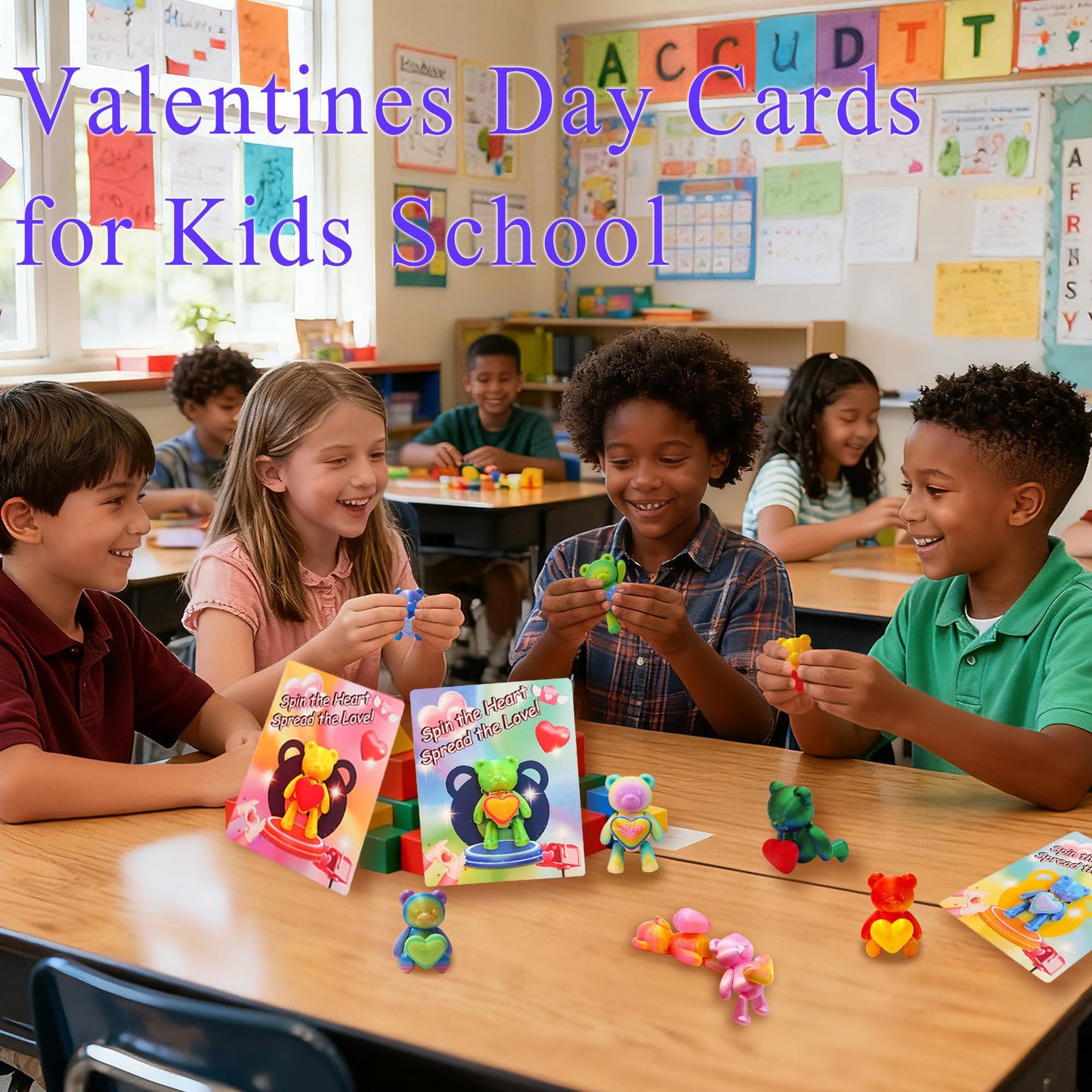 Vicentorra 24-Pack Valentines Day Gifts for Kids — 3D Printed Bear Fidgets with Spinning Hearts & Cards