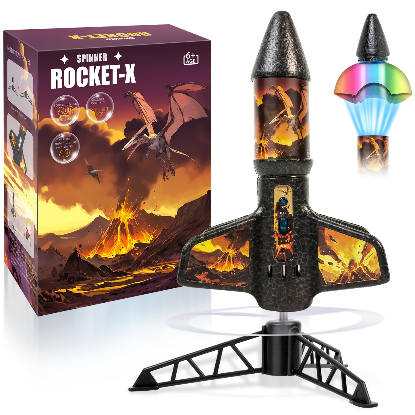 VICHTOP Rocket Launcher for Kids – 200 ft Flight, Glow LED, Rechargeable, Safe Parachute
