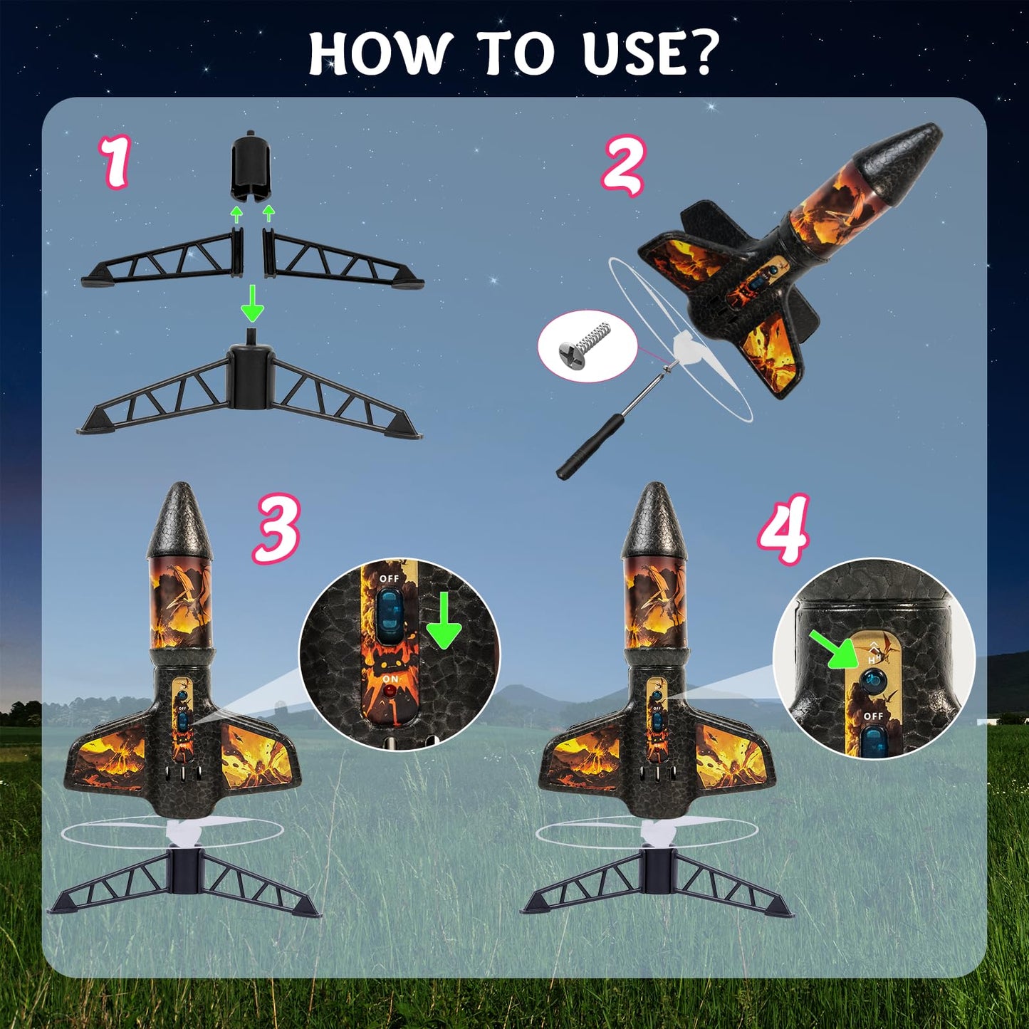 VICHTOP Rocket Launcher for Kids – 200 ft Flight, Glow LED, Rechargeable, Safe Parachute