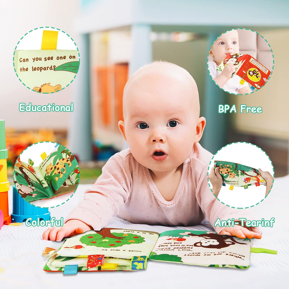 Vicloon Soft Baby Book Monkey – Textured Cloth Book with 3D Touch & Crinkle for 0-3 Years