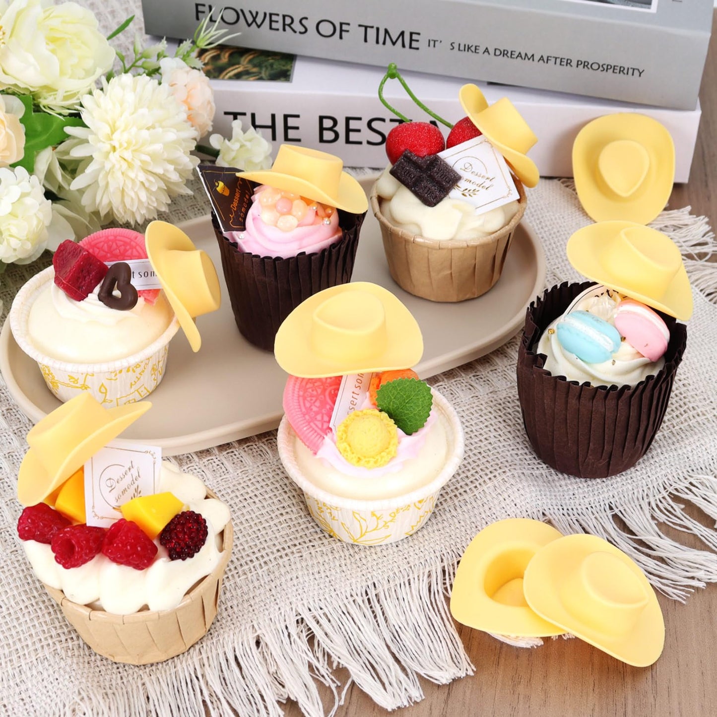VICROIC 24 Pcs Yellow Mini Cowboy Hats for Dolls – Plastic Dollhouse Accessories & Party Decor