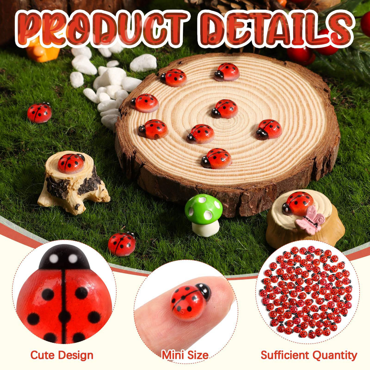 VICROIC 100 PCS Mini Resin Ladybugs – Tiny Dollhouse Figurines for Crafts, Cakes & Fairy Gardens