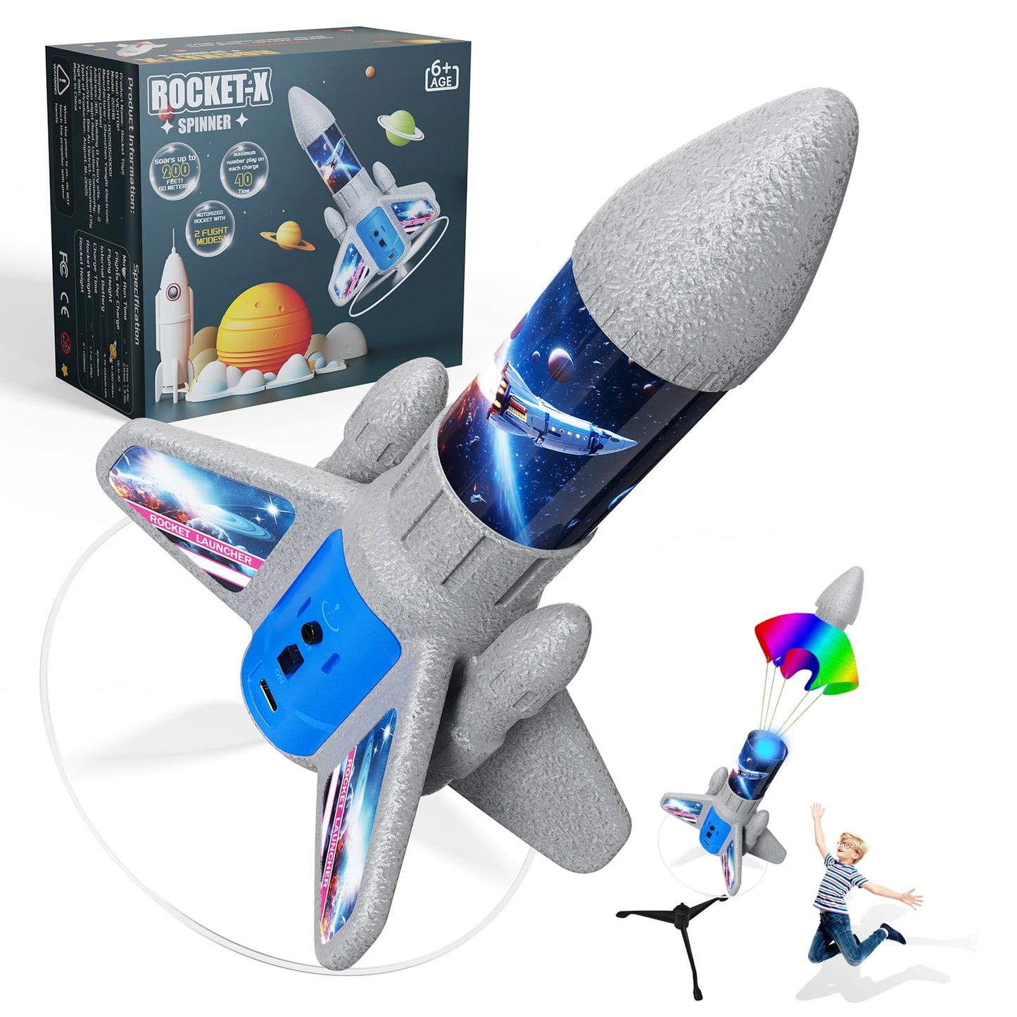 VICHTOP Rocket Launcher for Kids – 200 ft Flight, Auto Electric Spinner Rocket Toy