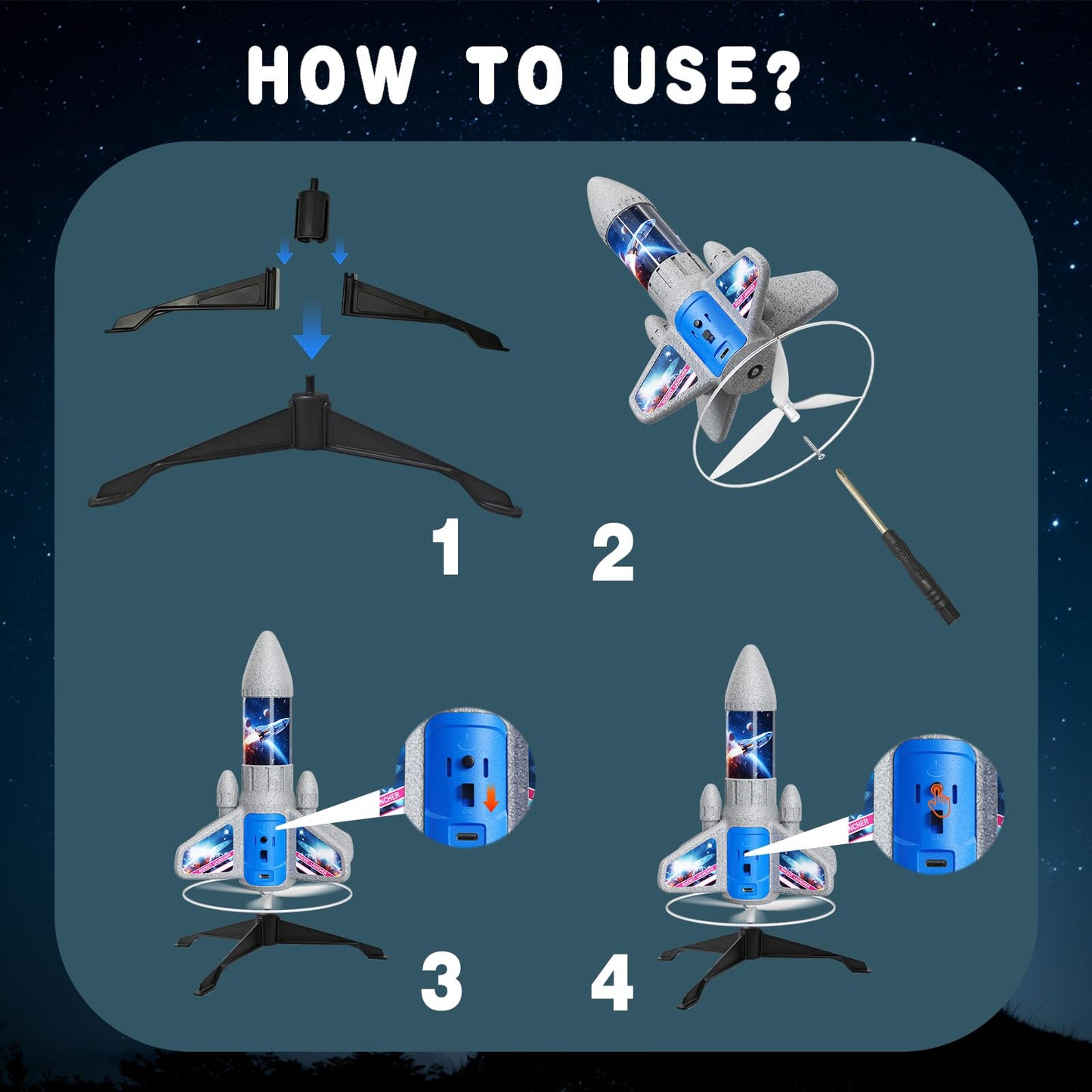 VICHTOP Rocket Launcher for Kids – 200 ft Flight, Auto Electric Spinner Rocket Toy
