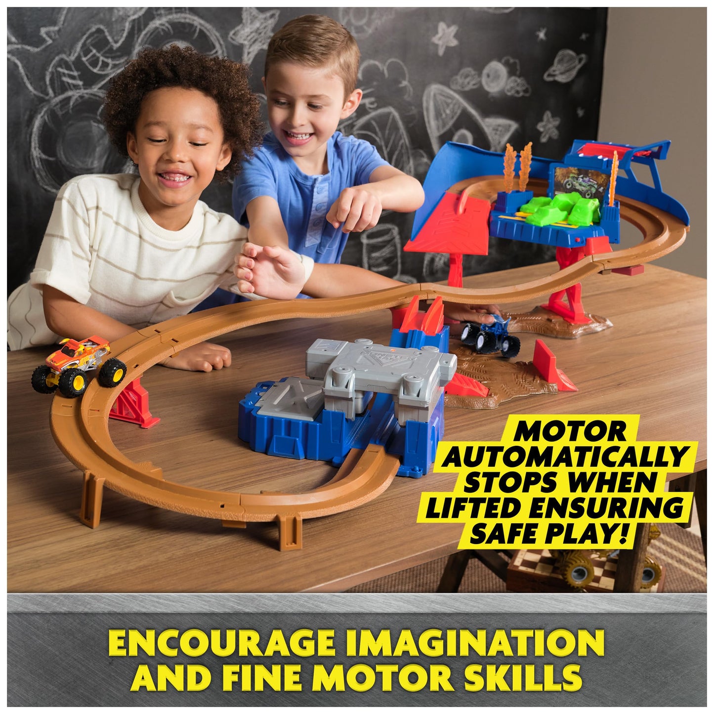 Monster Jam Supercharge Speedway Playset – Megalodon & El Toro Loco 1:64 Trucks, Light-Up World Finals Track