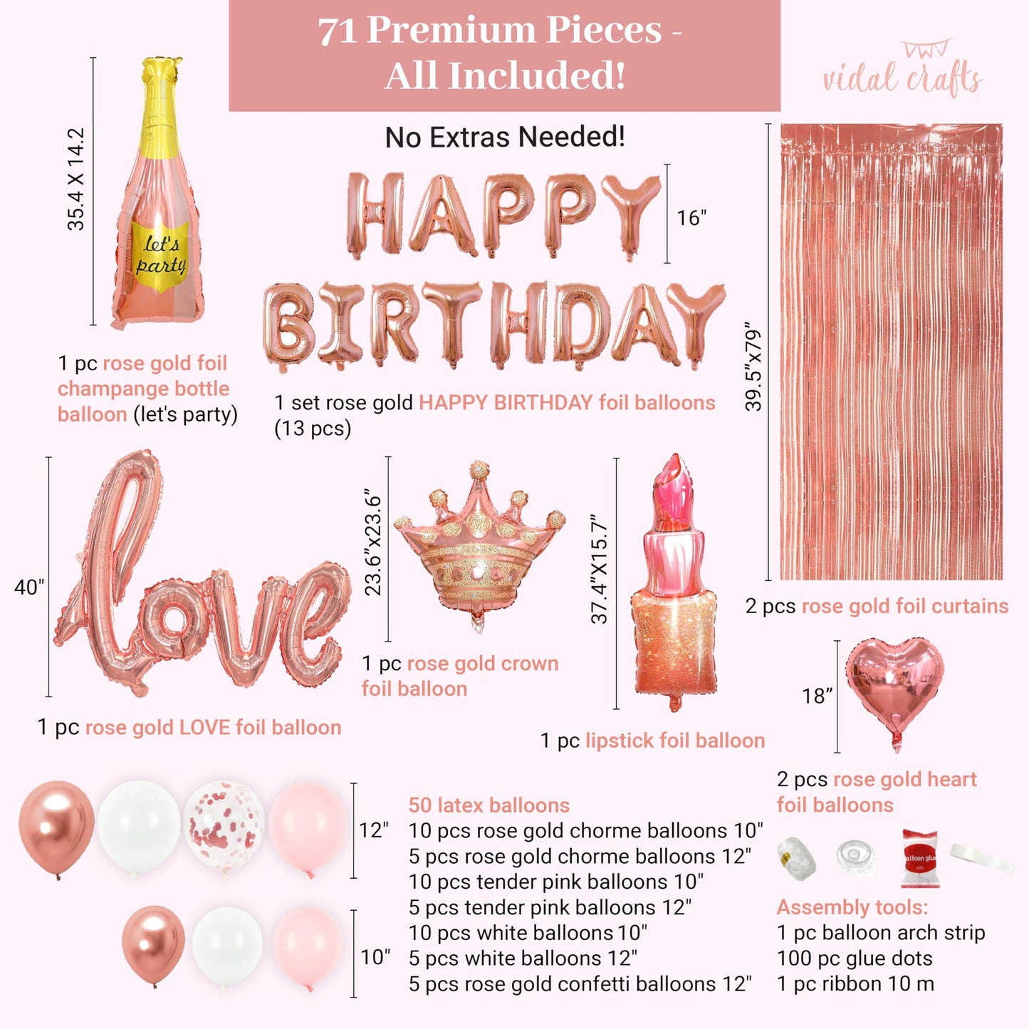 Vidal Crafts 71-Piece Rose Gold Birthday Decorations Kit | Party Backdrop & Balloons