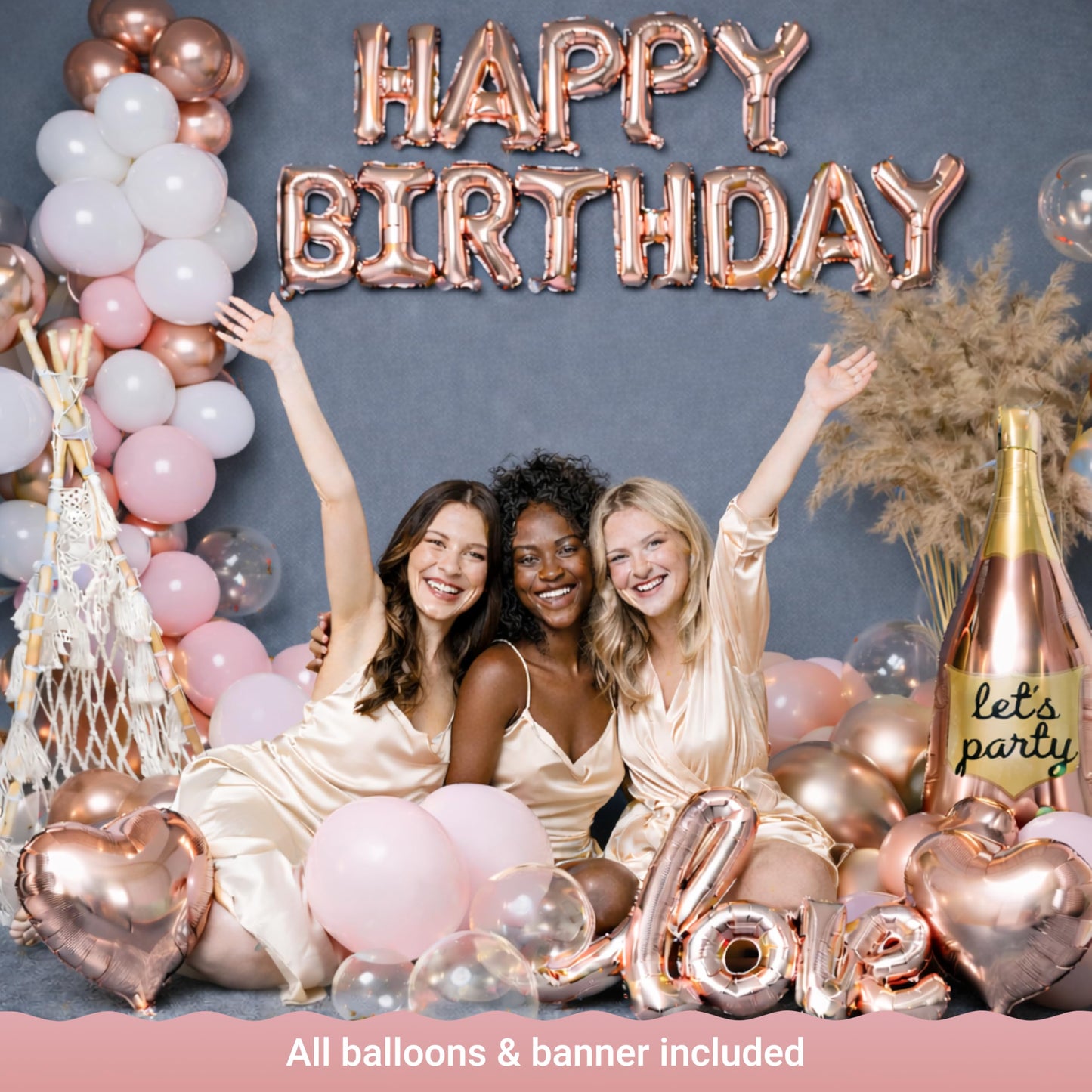 Vidal Crafts 71-Piece Rose Gold Birthday Decorations Kit | Party Backdrop & Balloons