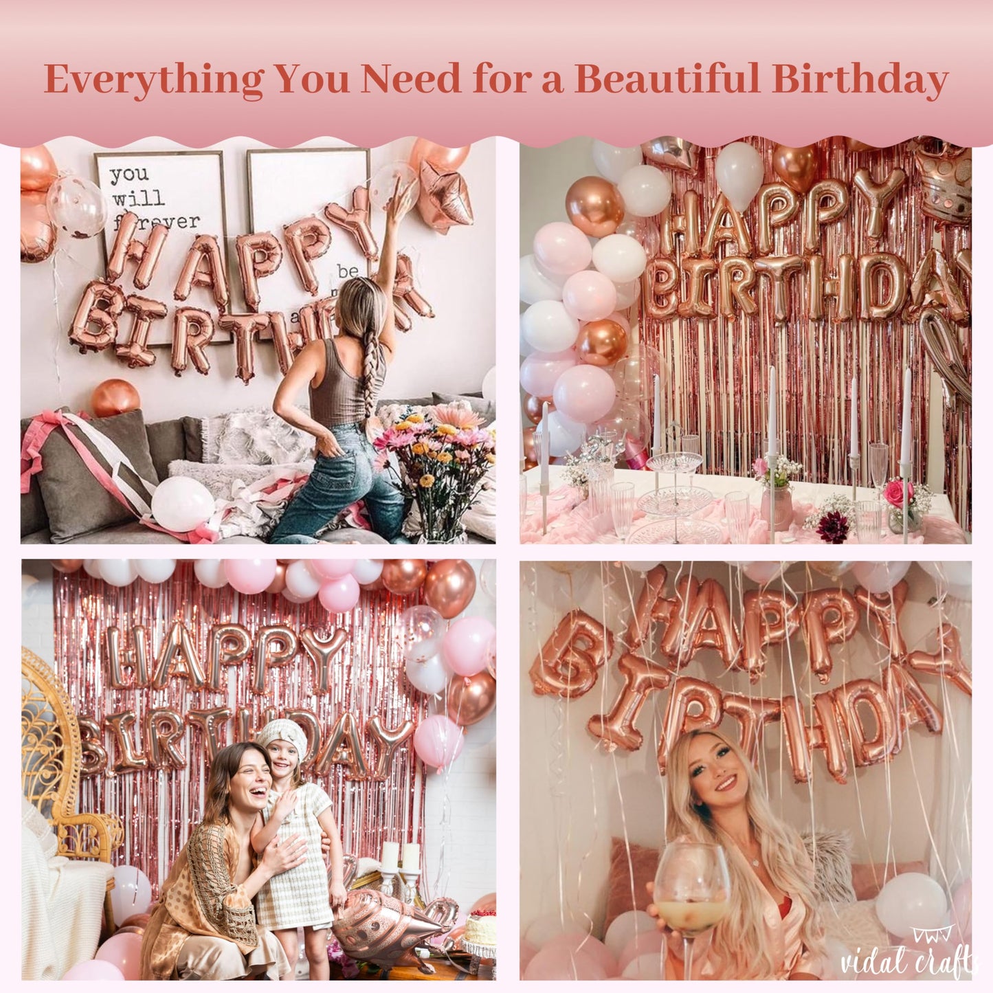 Vidal Crafts 71-Piece Rose Gold Birthday Decorations Kit | Party Backdrop & Balloons