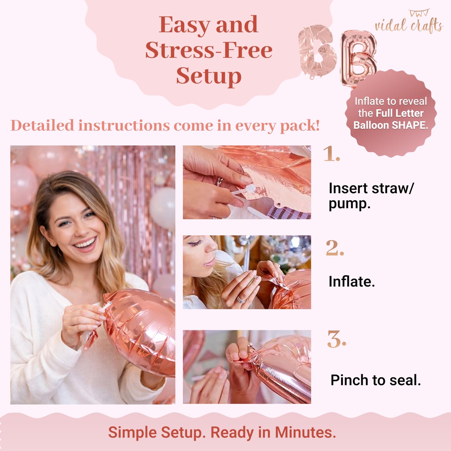 Vidal Crafts 71-Piece Rose Gold Birthday Decorations Kit | Party Backdrop & Balloons