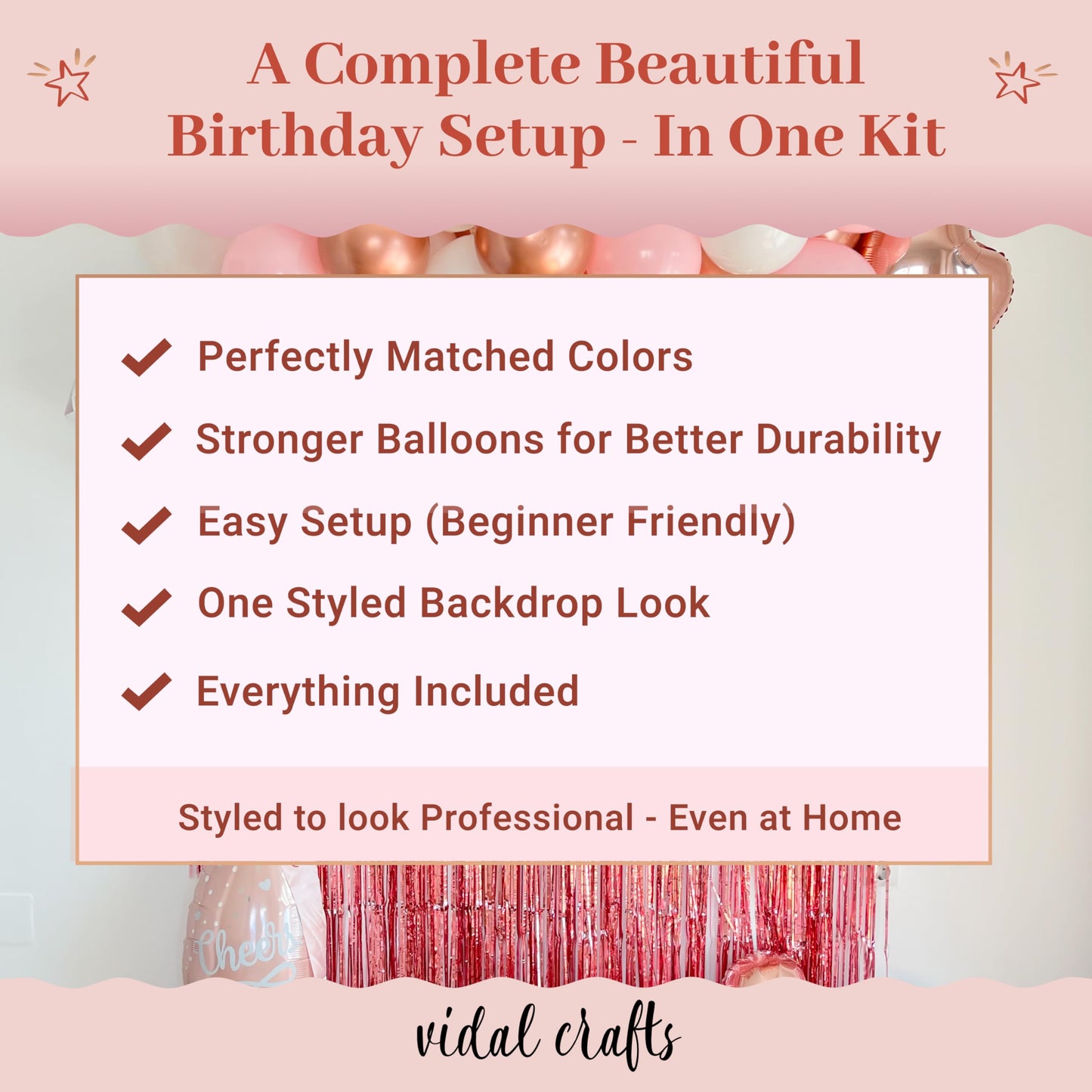 Vidal Crafts 71-Piece Rose Gold Birthday Decorations Kit | Party Backdrop & Balloons
