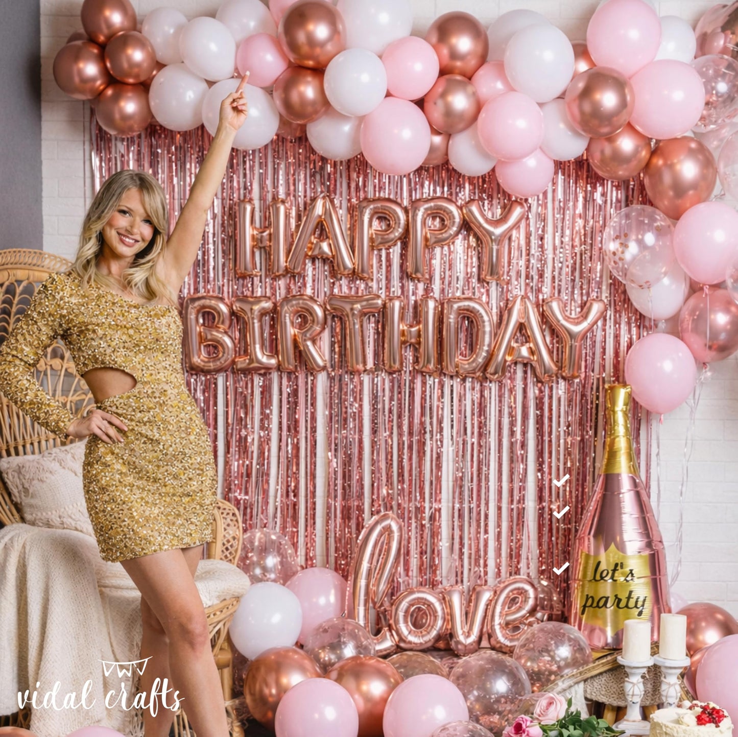 Vidal Crafts 71-Piece Rose Gold Birthday Decorations Kit | Party Backdrop & Balloons