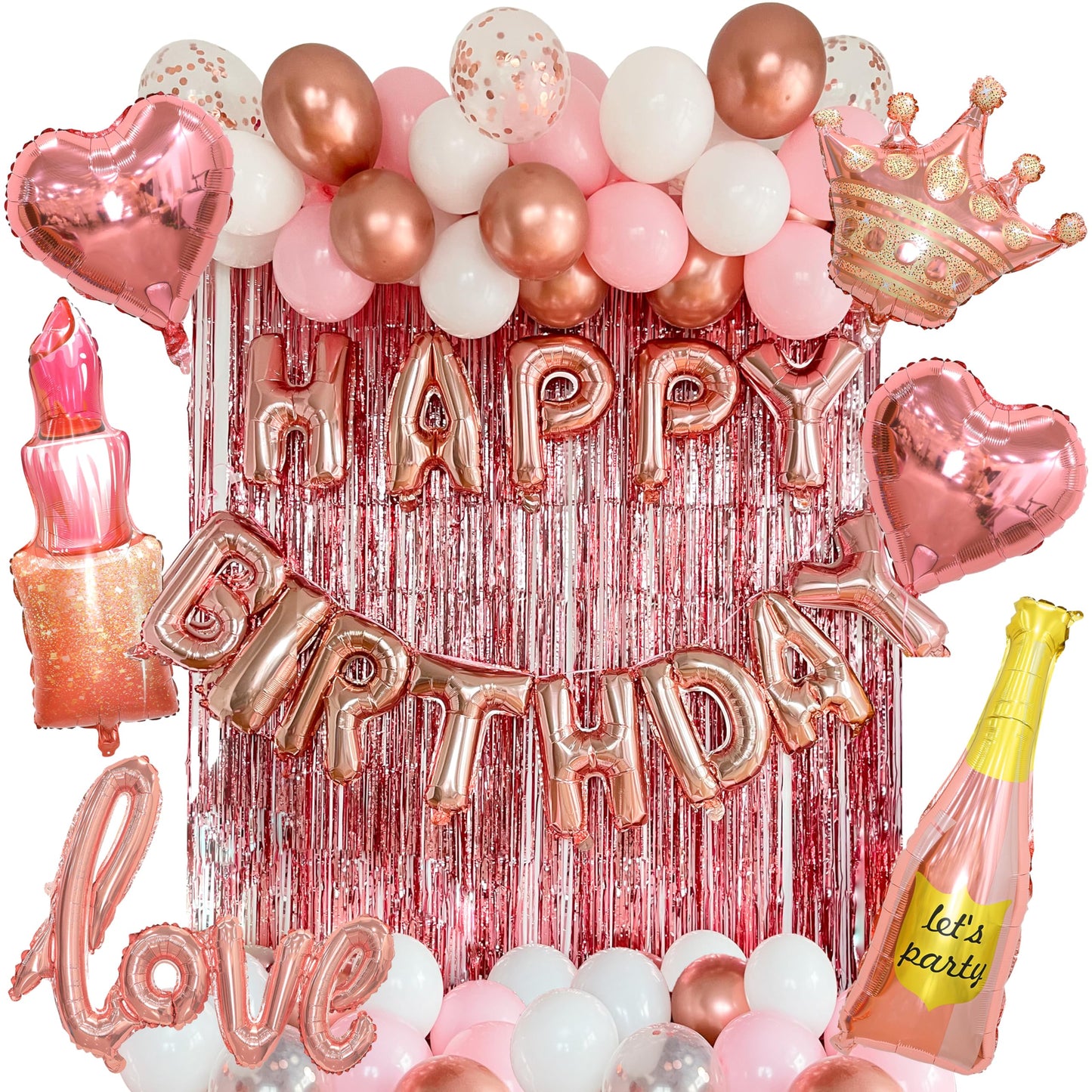 Vidal Crafts 71-Piece Rose Gold Birthday Decorations Kit | Party Backdrop & Balloons