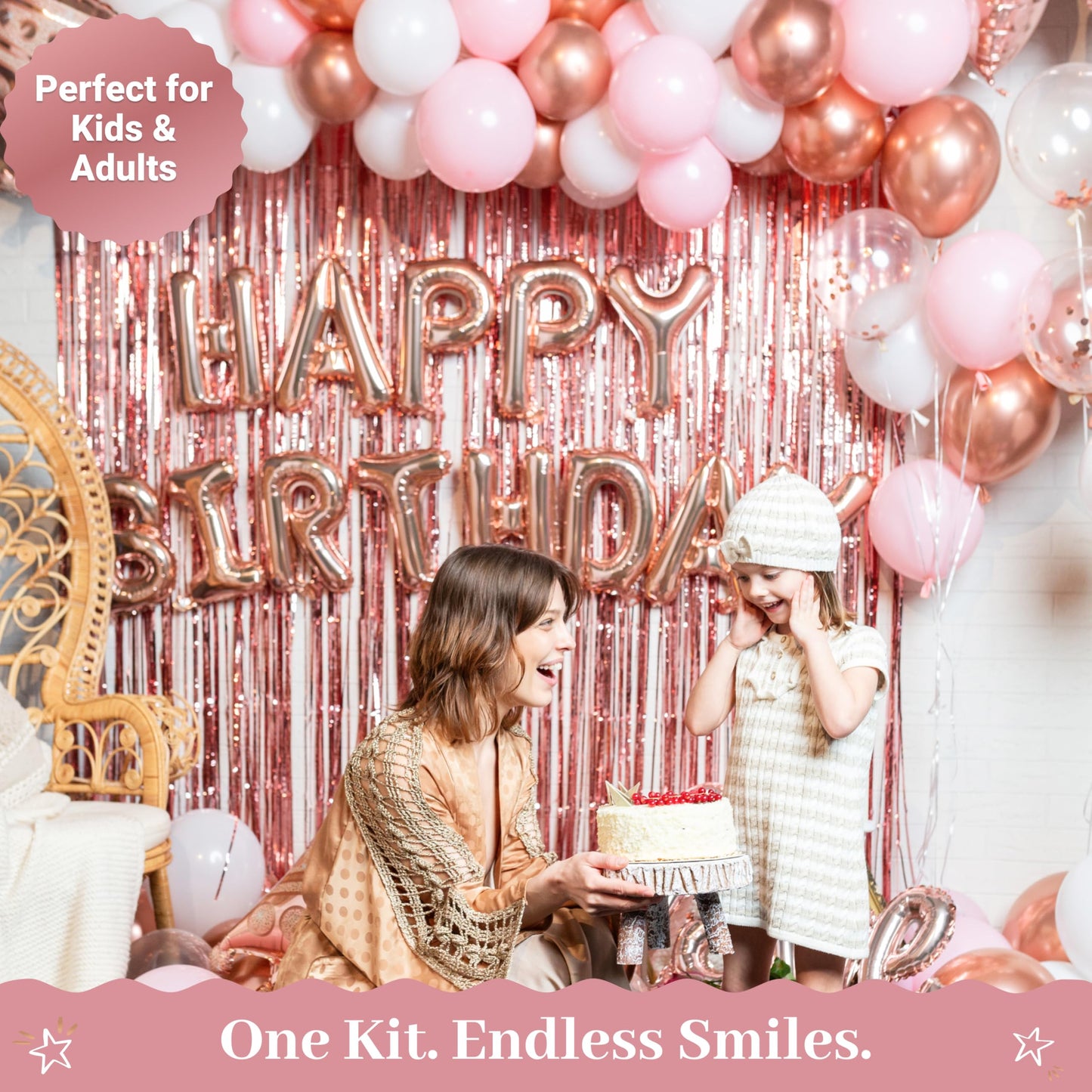 Vidal Crafts 71-Piece Rose Gold Birthday Decorations Kit | Party Backdrop & Balloons