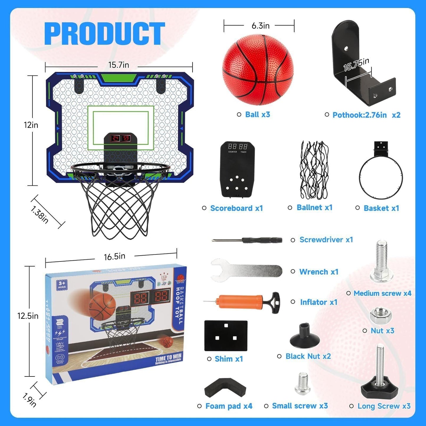 VIGNUTO Indoor Basketball Hoop for Kids (Over the Door) – Scoring, Countdown & Music