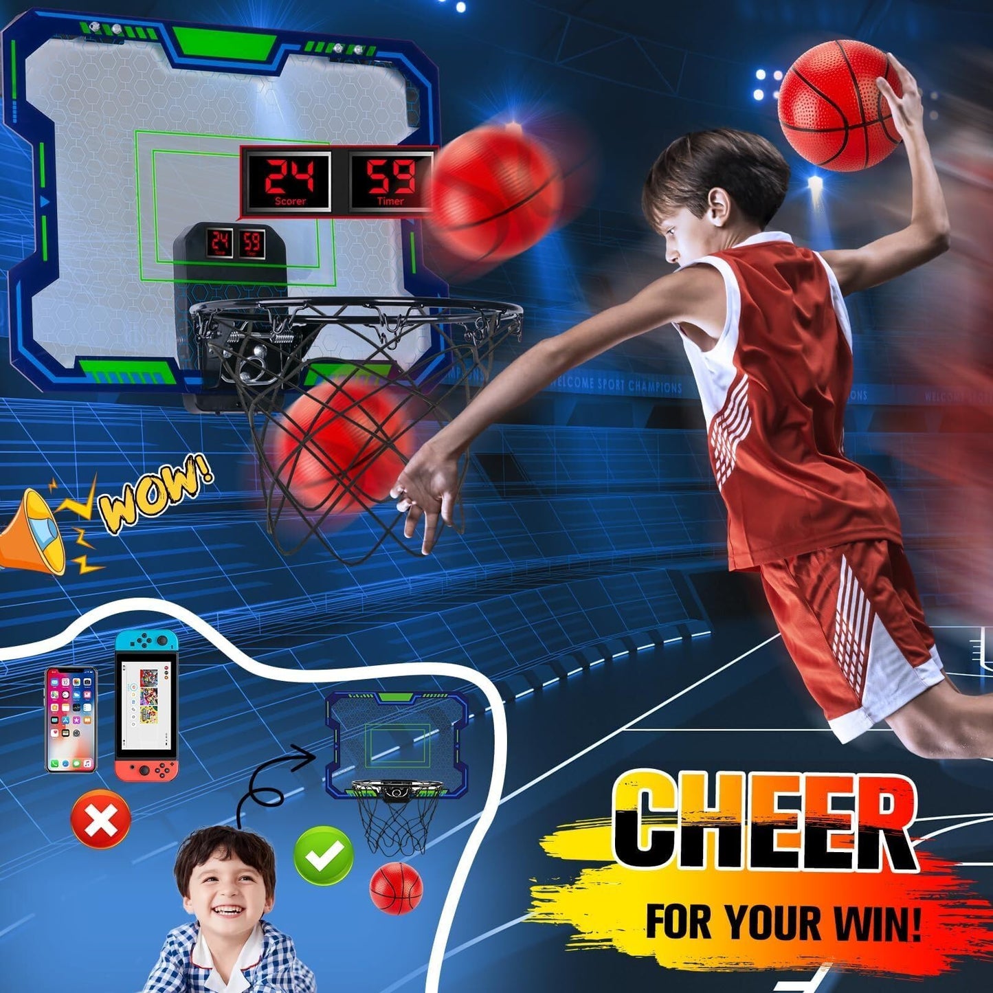 VIGNUTO Indoor Basketball Hoop for Kids (Over the Door) – Scoring, Countdown & Music